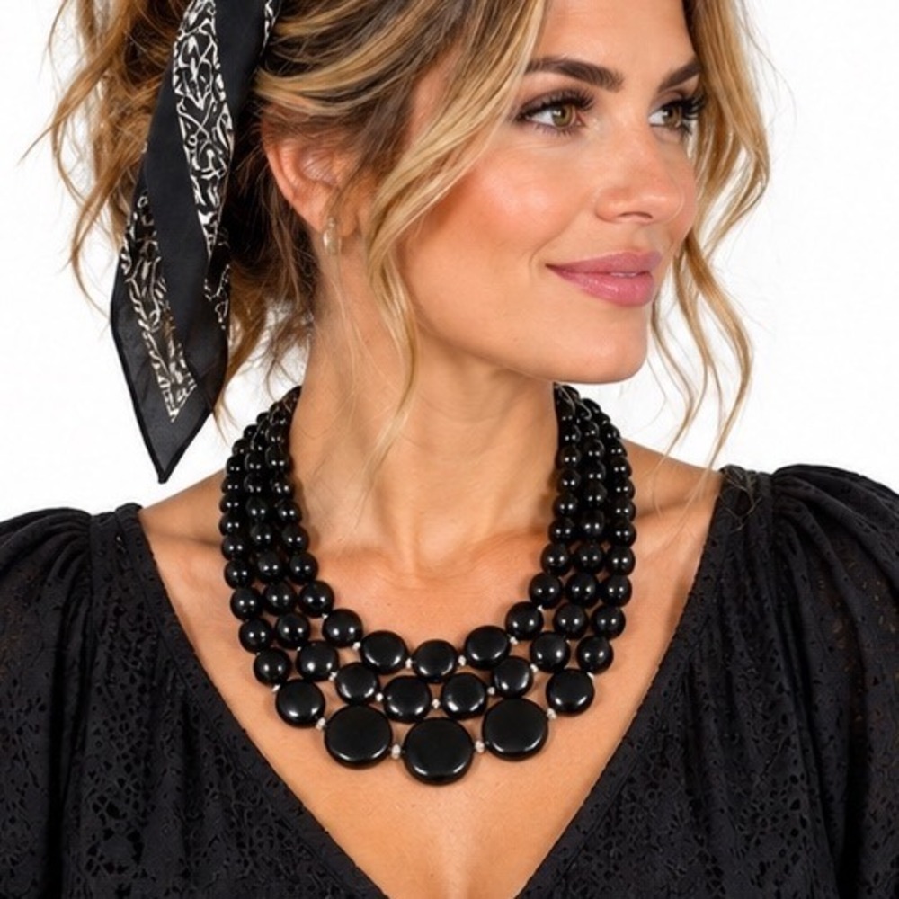 Triple Strand Graduated Bib Necklace Black Discs Glossy Resin Bead Statement